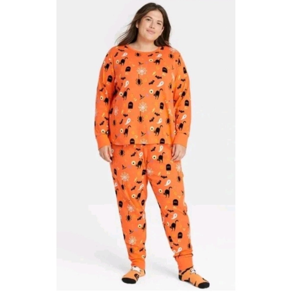 Hyde and Eek Boutique Halloween Pajama Set Orange Black Cat Ghost 3X Plus Size